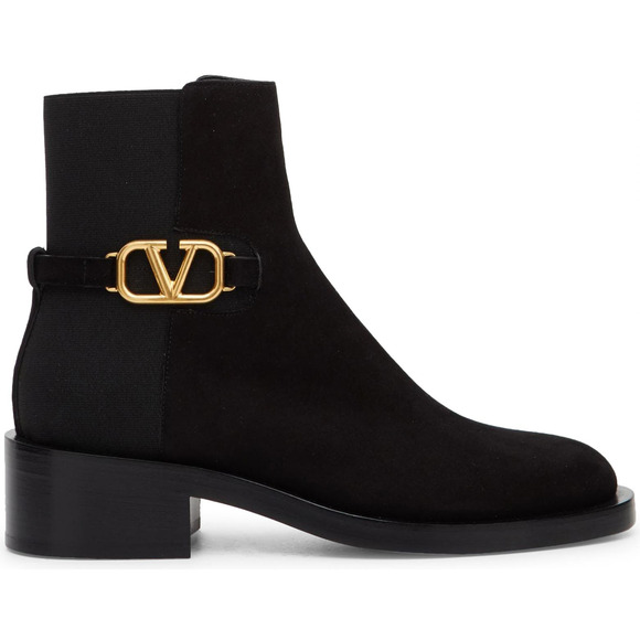 Valentino V Logo Gold Black Suede Block Heel Short Ankle Chelsea Zip Bootie 37.5 - Picture 1 of 10